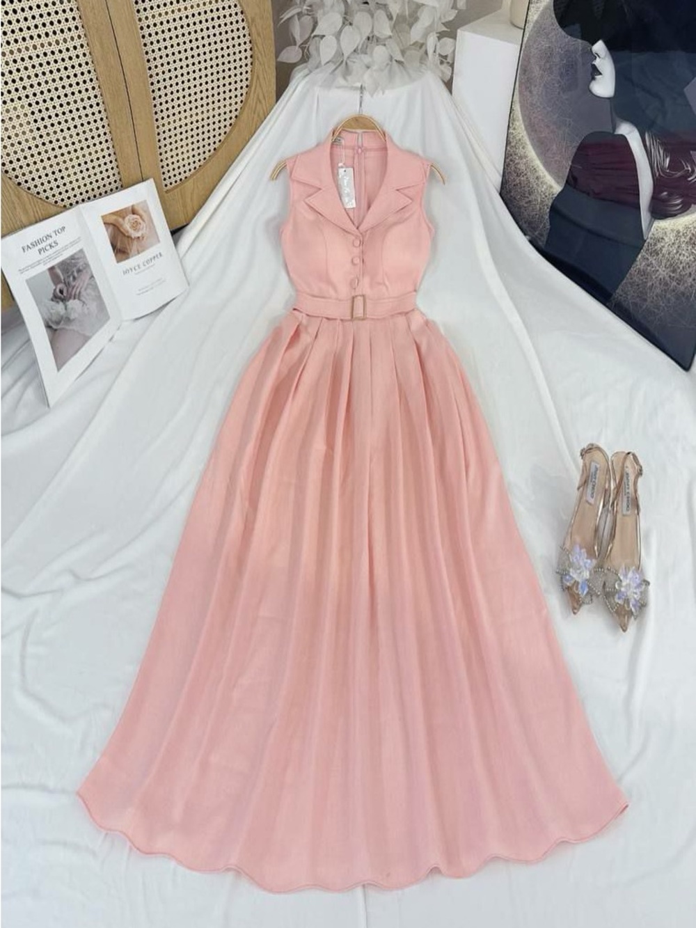 Chiffon Collared Pink Maxi Dress with Belt